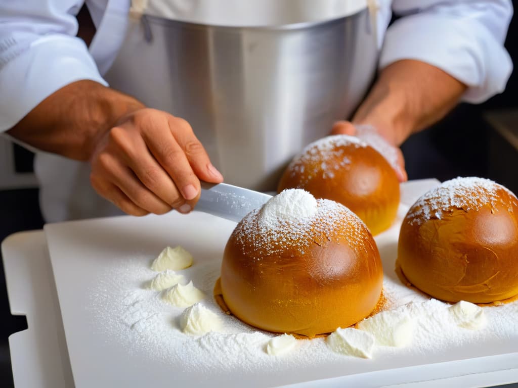  A photorealistic closeup image of a chef's hands expertly shaping golden brown Luqaimat dough into perfectly round, pillowy spheres. The hands are delicately dusted with powdered sugar, and the background showcases a modern, welllit kitchen with sleek stainless steel appliances, adding a touch of elegance to the traditional Middle Eastern dessertmaking process. hyperrealistic, full body, detailed clothing, highly detailed, cinematic lighting, stunningly beautiful, intricate, sharp focus, f/1. 8, 85mm, (centered image composition), (professionally color graded), ((bright soft diffused light)), volumetric fog, trending on instagram, trending on tumblr, HDR 4K, 8K