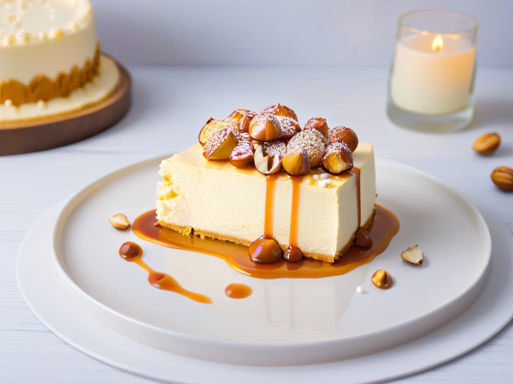  A closeup, highresolution image of a decadent slice of macadamia nut cheesecake on a modern, sleek plate. The cheesecake is adorned with a generous drizzle of caramel sauce and a sprinkle of crushed macadamia nuts on top, set against a simple, elegant backdrop that highlights the richness and texture of the dessert. hyperrealistic, full body, detailed clothing, highly detailed, cinematic lighting, stunningly beautiful, intricate, sharp focus, f/1. 8, 85mm, (centered image composition), (professionally color graded), ((bright soft diffused light)), volumetric fog, trending on instagram, trending on tumblr, HDR 4K, 8K