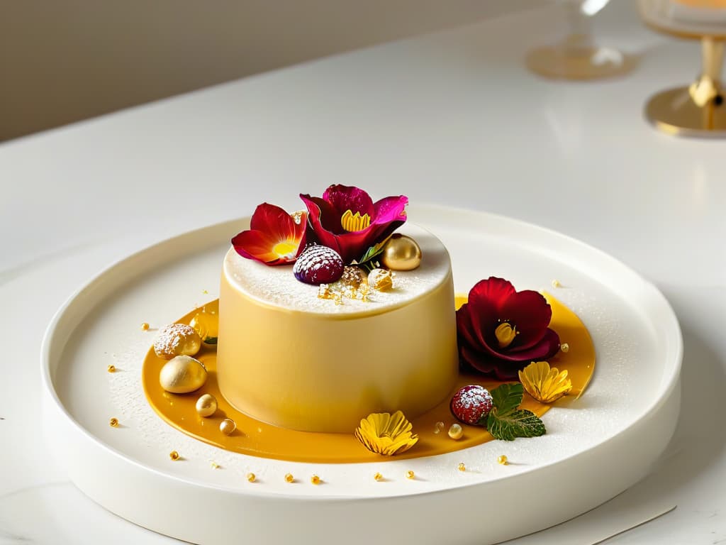  An ultradetailed image of a sleek, modern kitchen with marble countertops and gold accents, showcasing a beautifully plated traditional dessert reimagined with a trendy twist. The dessert is elegantly garnished with edible flowers and delicate gold leaf, presented on a chic white plate against a backdrop of soft, ambient lighting that highlights the intricate details of the dish. This minimalist yet luxurious image perfectly captures the essence of transforming oldfashioned recipes into modern culinary masterpieces. hyperrealistic, full body, detailed clothing, highly detailed, cinematic lighting, stunningly beautiful, intricate, sharp focus, f/1. 8, 85mm, (centered image composition), (professionally color graded), ((bright soft diffused light)), volumetric fog, trending on instagram, trending on tumblr, HDR 4K, 8K