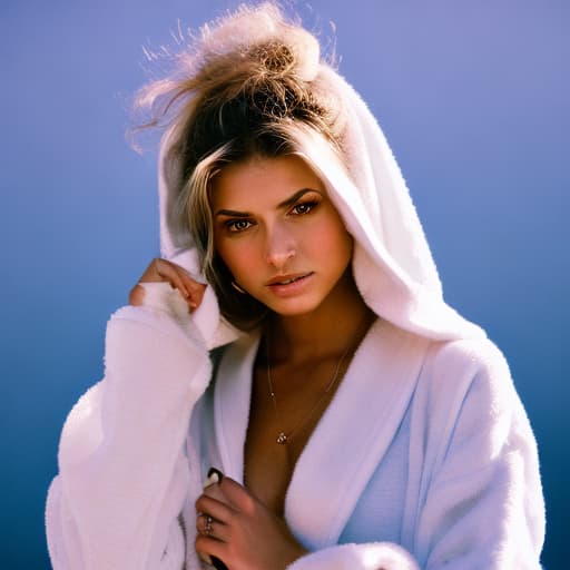 portrait+ style woman wearing a robe without anything else against girl wearing a robe without anything else