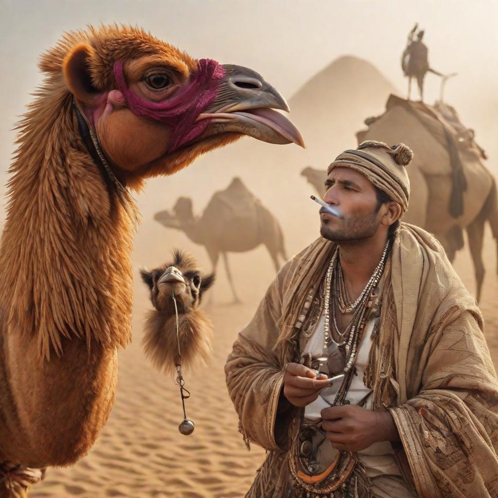  chicken smoking a cigarette on a camel, cute, hyper detail, full HD hyperrealistic, full body, detailed clothing, highly detailed, cinematic lighting, stunningly beautiful, intricate, sharp focus, f/1. 8, 85mm, (centered image composition), (professionally color graded), ((bright soft diffused light)), volumetric fog, trending on instagram, trending on tumblr, HDR 4K, 8K