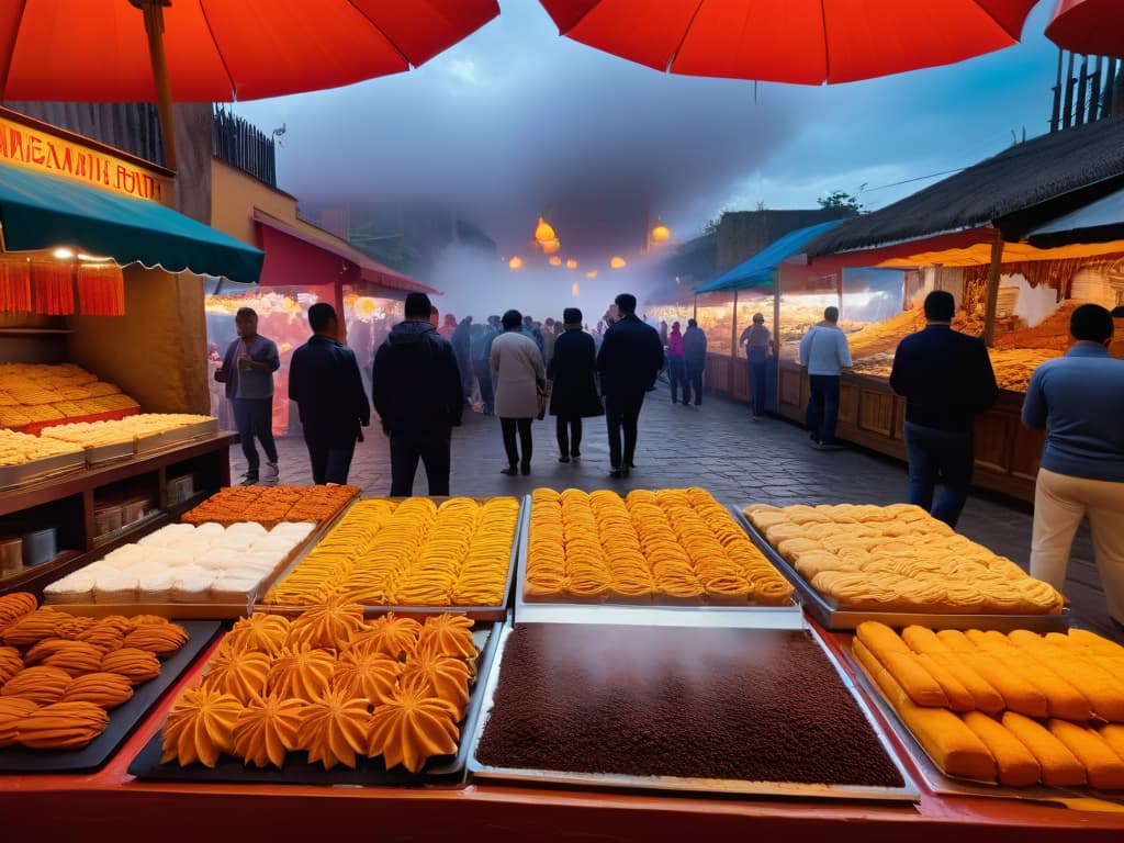  An 8k ultradetailed image of a vibrant Mexican market stall overflowing with traditional Mexican pastries, churros, and colorful paletas. The scene is bustling with locals and tourists alike, adding to the lively atmosphere. The pastries are beautifully displayed on rustic wooden tables, showcasing the rich variety of textures and colors. Brightly colored umbrellas provide shade over the stall, adding a festive touch to the scene. The image captures the essence of a sweet culinary journey through Mexico, enticing the viewer to explore the world of Mexican pastry delights. hyperrealistic, full body, detailed clothing, highly detailed, cinematic lighting, stunningly beautiful, intricate, sharp focus, f/1. 8, 85mm, (centered image composition), (professionally color graded), ((bright soft diffused light)), volumetric fog, trending on instagram, trending on tumblr, HDR 4K, 8K