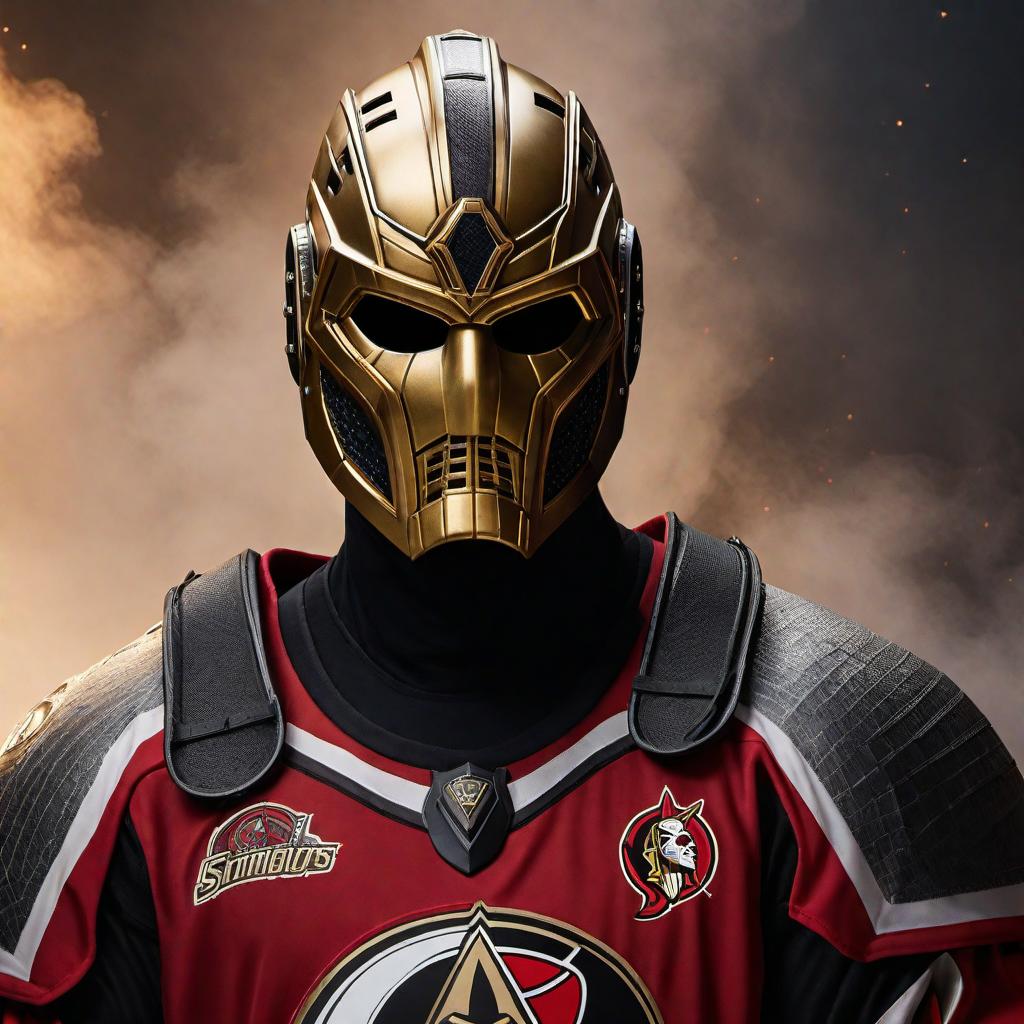  A Thanos-inspired goalie mask in Ottawa Senators colors. The mask should incorporate Thanos' menacing face with details such as the iconic chin lines and intense eyes. The primary colors should be red, black, and gold, reflecting the Ottawa Senators team. Include elements like the Infinity Gauntlet with glowing Infinity Stones on one side of the mask. The Senators' logo should be subtly integrated into the design, perhaps on the forehead or cheek area. Overall, the mask should have a fierce and powerful look, suitable for an intimidating goalie. hyperrealistic, full body, detailed clothing, highly detailed, cinematic lighting, stunningly beautiful, intricate, sharp focus, f/1. 8, 85mm, (centered image composition), (professionally color graded), ((bright soft diffused light)), volumetric fog, trending on instagram, trending on tumblr, HDR 4K, 8K