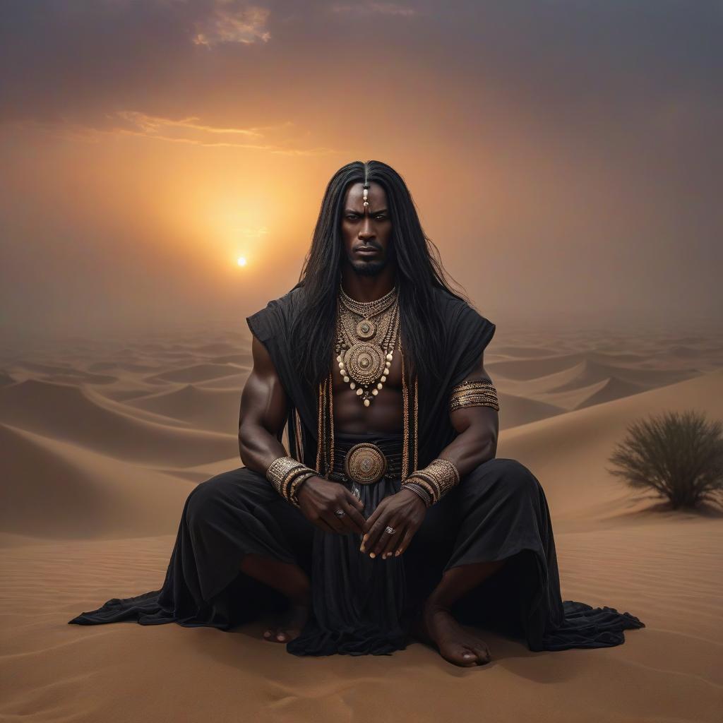  horror themed Dark god, spirit of darkness, a man, black skin, long black hair, adornments, sits against a backdrop of a desert, wind, sandstorm, sunset, fog, mystery, fantasy, danger, magic, mystique. . eerie, unsettling, dark, spooky, suspenseful, grim, highly detailed hyperrealistic, full body, detailed clothing, highly detailed, cinematic lighting, stunningly beautiful, intricate, sharp focus, f/1. 8, 85mm, (centered image composition), (professionally color graded), ((bright soft diffused light)), volumetric fog, trending on instagram, trending on tumblr, HDR 4K, 8K