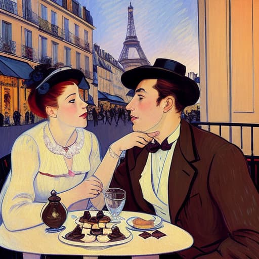  attractive young Parisian couple dressed in modern designer outfits who are romantically together in Paris. Foreground a small plate of fine dark chocolates on a bedside table. Background dusk with a light of the outdoor cafe street scene. Painting style of Henri de Toulouse-Lautrec