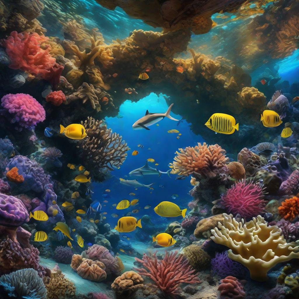  masterpiece, best quality, beautiful deep sea full of corals, diverse marine life and fascinating underwater landscapes with corals, appendages, small fish, anemones, dolphins, various algae, caves, colorful, 8k resolution and intricate detail