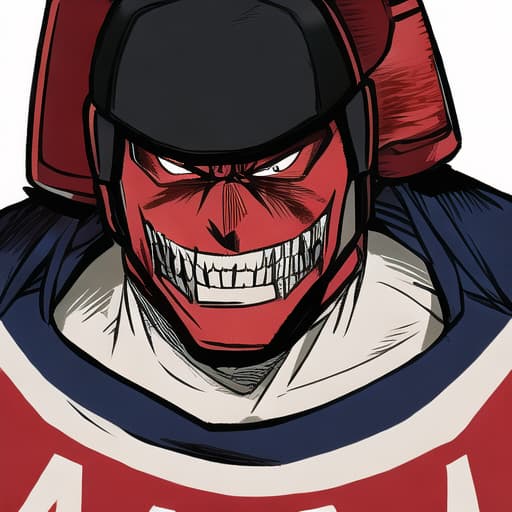  blood covered hockey player, angry face, scary, big strong muscles
