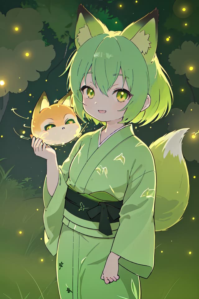  A yukata of the green hair character in the fox ear, the light of countless fireflies shines in the dark countryside, a very beautiful smile, a large amount of fireflies dancing, detailed shadows, delicate lines, detailed fine details. Line, ultra high image quality, 4K, 8K