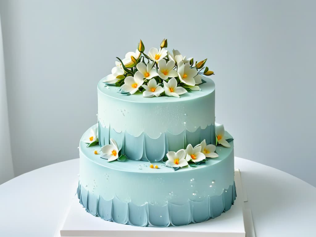  A minimalistic image of a stunning threetiered wedding cake adorned with delicate sugar flowers in pastel hues, set against a clean white background. The cake is elegantly designed with intricate lacelike detailing and shimmering metallic accents, exuding a sense of sophistication and artistry. hyperrealistic, full body, detailed clothing, highly detailed, cinematic lighting, stunningly beautiful, intricate, sharp focus, f/1. 8, 85mm, (centered image composition), (professionally color graded), ((bright soft diffused light)), volumetric fog, trending on instagram, trending on tumblr, HDR 4K, 8K