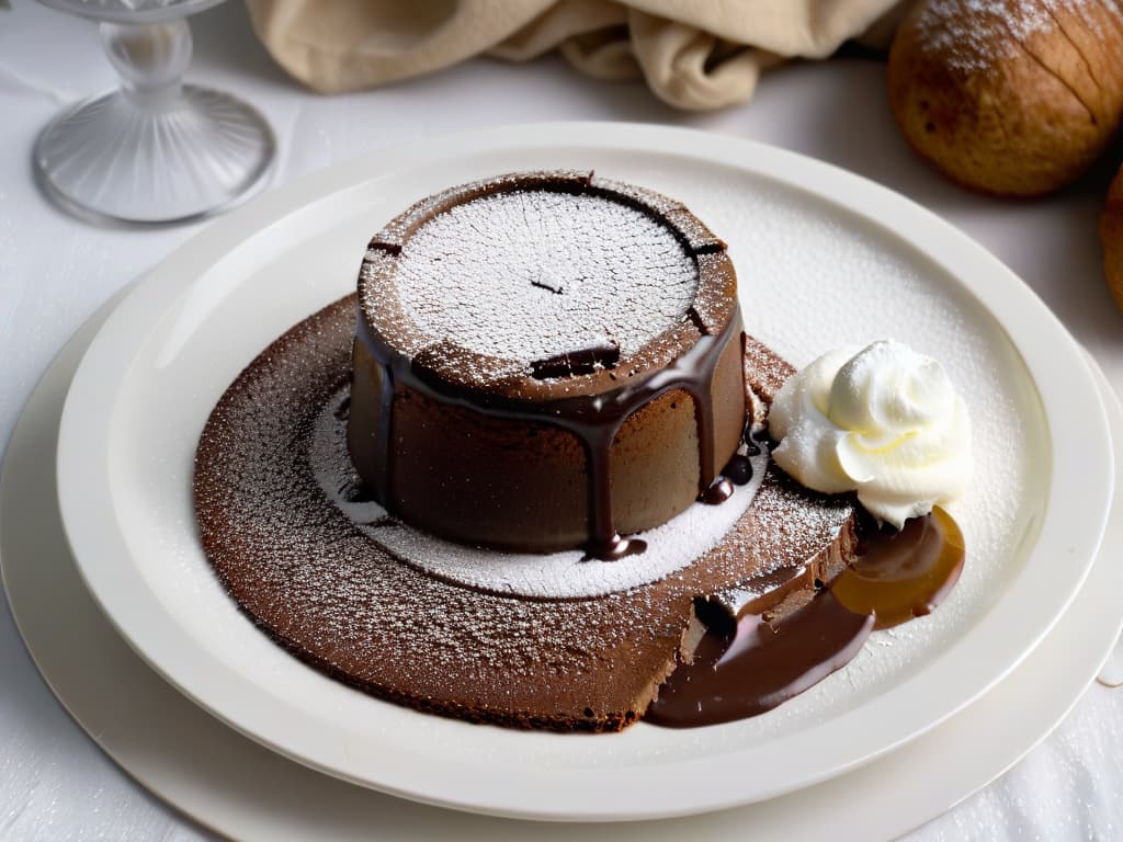  A closeup, ultradetailed image of a perfectly golden glutenfree chocolate lava cake with a decadent molten center, dusted lightly with powdered sugar on a sleek, modern white plate, showcasing the intricate texture and rich indulgence of glutenfree baking mastery. hyperrealistic, full body, detailed clothing, highly detailed, cinematic lighting, stunningly beautiful, intricate, sharp focus, f/1. 8, 85mm, (centered image composition), (professionally color graded), ((bright soft diffused light)), volumetric fog, trending on instagram, trending on tumblr, HDR 4K, 8K