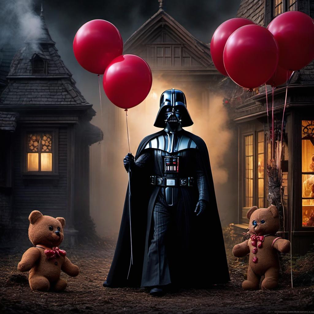  macabre style masterpiece, movie poster, extremely accurate, high quality photograph, in the style of a Hollywood film poster. Darth Vader the seller of forbidden toys in a cloak. Hardcore is not toys. On one side Pennywise the Clown with red balloons, on the other side the evil doll Chucky, with a gingerbread house in the background and a witch on the roof. . dark, gothic, grim, haunting, highly detailed hyperrealistic, full body, detailed clothing, highly detailed, cinematic lighting, stunningly beautiful, intricate, sharp focus, f/1. 8, 85mm, (centered image composition), (professionally color graded), ((bright soft diffused light)), volumetric fog, trending on instagram, trending on tumblr, HDR 4K, 8K