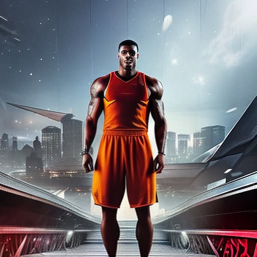  a basketball player hyperrealistic, full body, detailed clothing, highly detailed, cinematic lighting, stunningly beautiful, intricate, sharp focus, f/1. 8, 85mm, (centered image composition), (professionally color graded), ((bright soft diffused light)), volumetric fog, trending on instagram, trending on tumblr, HDR 4K, 8K