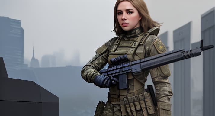  create an realistic female futuristic elite soldier standing wit an weapon