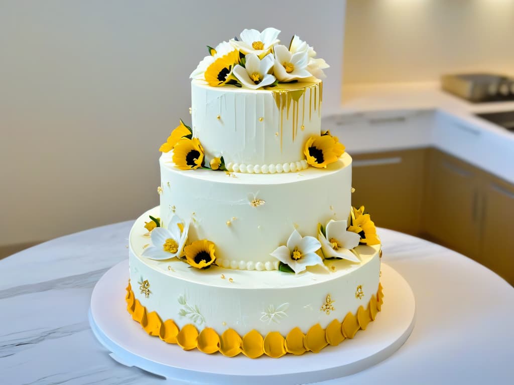  A closeup, photorealistic image of a beautifully decorated threetiered wedding cake with intricate floral details, delicate piping work, and shimmering edible gold accents. The cake is displayed on a marble countertop against a soft, blurred background of a modern, elegant kitchen. The lighting is soft, highlighting the textures and colors of the cake, creating a warm and inviting atmosphere. hyperrealistic, full body, detailed clothing, highly detailed, cinematic lighting, stunningly beautiful, intricate, sharp focus, f/1. 8, 85mm, (centered image composition), (professionally color graded), ((bright soft diffused light)), volumetric fog, trending on instagram, trending on tumblr, HDR 4K, 8K