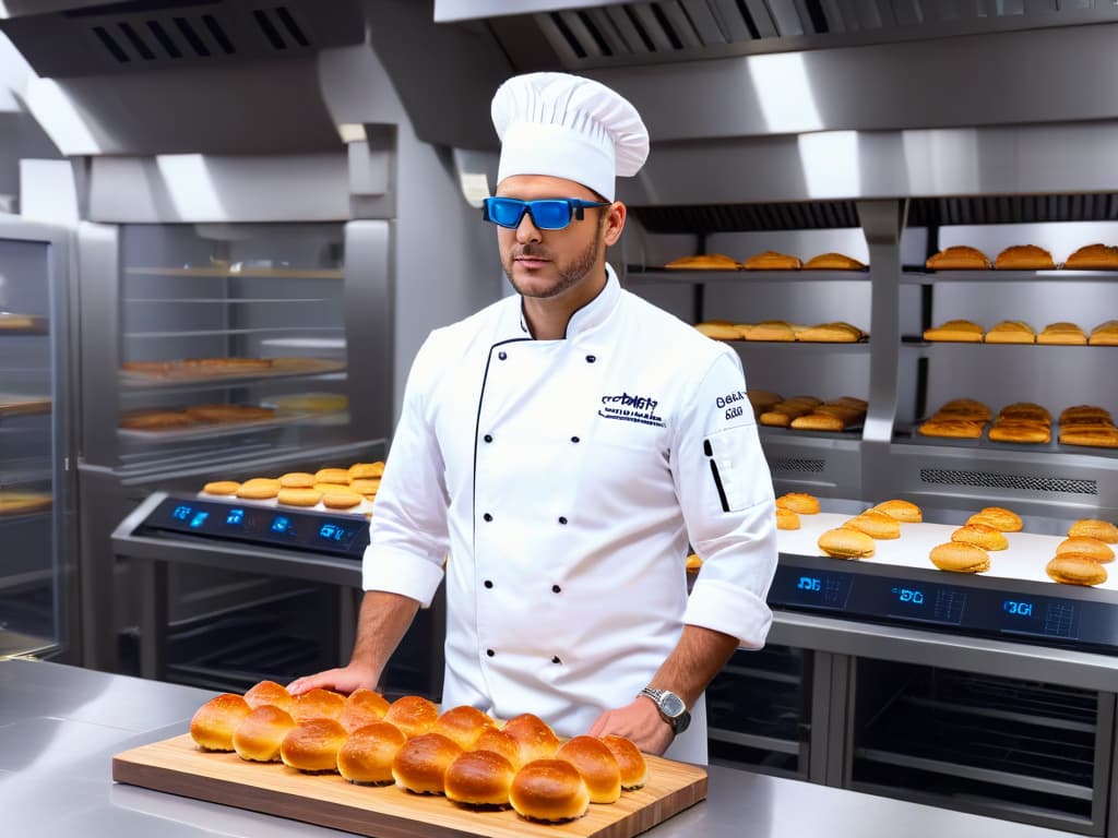  An ultradetailed 8k image of a professional chef in a pristine white chef's jacket and hat, standing in a modern kitchen filled with advanced baking equipment. The chef, with a look of focus and determination, is using augmented reality glasses to create a stunning pastry masterpiece. The scene captures a perfect blend of tradition and technology, with digital holograms of traditional baking techniques floating around the chef, showcasing the unique combination of culinary heritage and cuttingedge innovation. hyperrealistic, full body, detailed clothing, highly detailed, cinematic lighting, stunningly beautiful, intricate, sharp focus, f/1. 8, 85mm, (centered image composition), (professionally color graded), ((bright soft diffused light)), volumetric fog, trending on instagram, trending on tumblr, HDR 4K, 8K