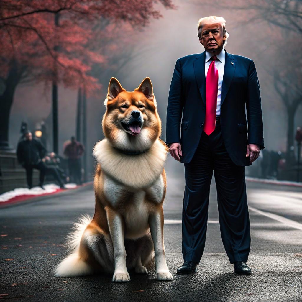  trump with a sanin inu dog hyperrealistic, full body, detailed clothing, highly detailed, cinematic lighting, stunningly beautiful, intricate, sharp focus, f/1. 8, 85mm, (centered image composition), (professionally color graded), ((bright soft diffused light)), volumetric fog, trending on instagram, trending on tumblr, HDR 4K, 8K