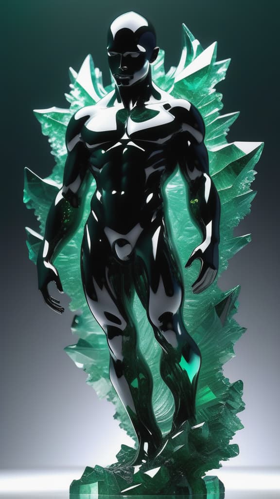  Ultra detailed shot of a dark sculpture made out of emerald obsidian and dark matter, incredible sculpture of a unique creature, 3D render, translucent skin with subsurface scatter, endlessly fractal, aura melting dimension, light reflection on crystal of the sculpture, art by Mschiffer, human shape, genderless, full body