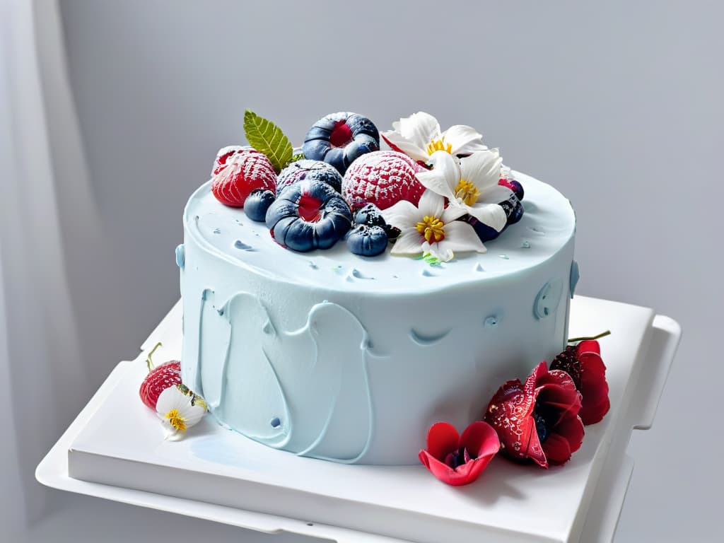  A closeup, ultradetailed image of a beautifully decorated sugarfree diabeticfriendly cake, featuring intricate piping work with swirls of creamy frosting in soft pastel colors, garnished with fresh berries and delicate edible flowers. The cake sits on a sleek, modern white cake stand against a clean, minimalist background, highlighting the elegance and sophistication of the dessert while emphasizing its healthconscious ingredients. hyperrealistic, full body, detailed clothing, highly detailed, cinematic lighting, stunningly beautiful, intricate, sharp focus, f/1. 8, 85mm, (centered image composition), (professionally color graded), ((bright soft diffused light)), volumetric fog, trending on instagram, trending on tumblr, HDR 4K, 8K