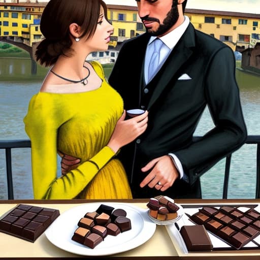  Attractive Beautiful young modern Italian couple dressed in modern designer attire looking. Foreground plates of fine dark chocolates on a table. Background ponte vecchio bridge florence. Painting style of Edgar Degas