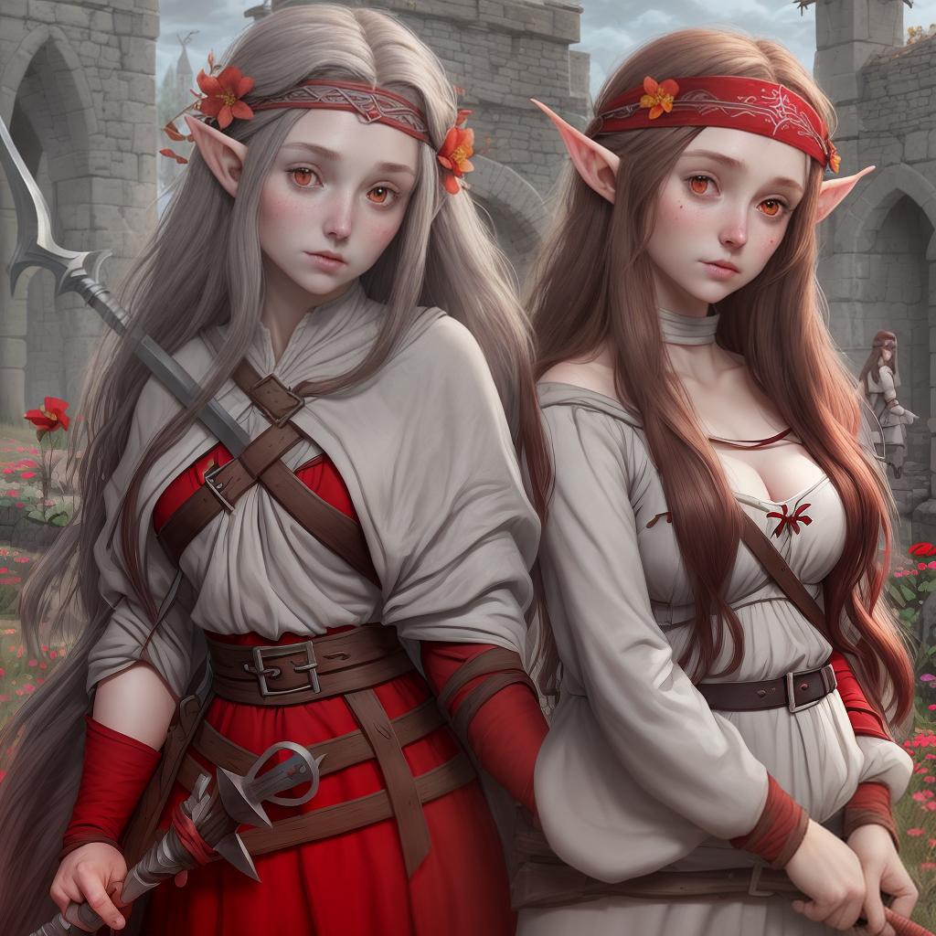   undeads ,grey skin, red clothes, red cheeks, brown long hair, big bs, xys clothes open medieval , style,elven, cute face, big , xys body, holding spear weapon, and have flower headbandbabby , common clothes, medieval