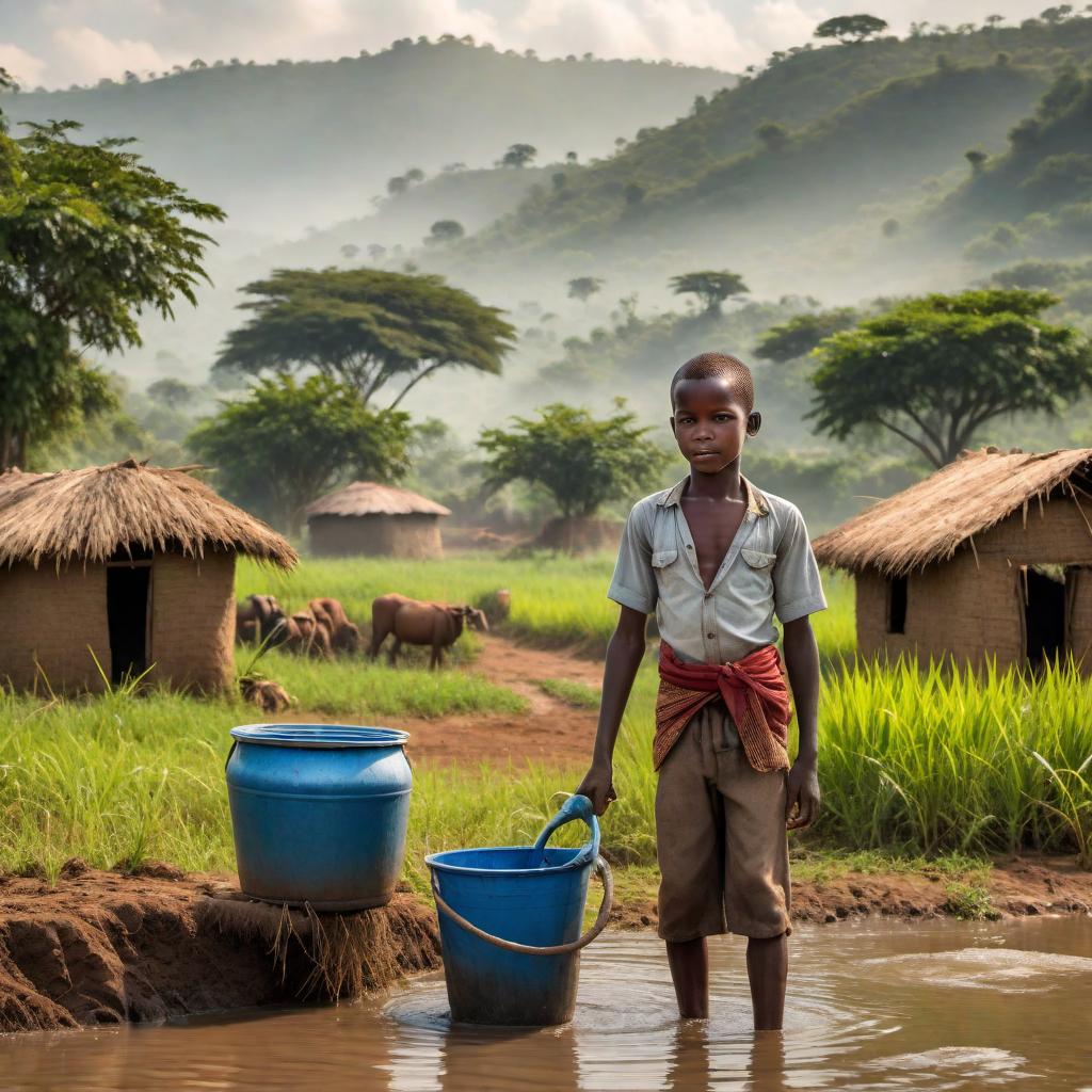  A young African boy named Kofi helping his family with chores, like fetching water from the river and working in the fields, with a village backdrop. hyperrealistic, full body, detailed clothing, highly detailed, cinematic lighting, stunningly beautiful, intricate, sharp focus, f/1. 8, 85mm, (centered image composition), (professionally color graded), ((bright soft diffused light)), volumetric fog, trending on instagram, trending on tumblr, HDR 4K, 8K