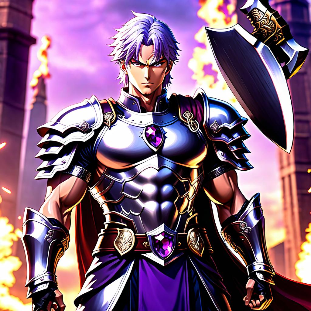  anime artwork English: Man: Male Age: 30 Epoch: XX Build: Moderately muscular With silver armour adorned with purple gems Against a kingdom at dawn A two handed axe behind his back HDR 4K . anime style, key visual, vibrant, studio anime, highly detailed hyperrealistic, full body, detailed clothing, highly detailed, cinematic lighting, stunningly beautiful, intricate, sharp focus, f/1. 8, 85mm, (centered image composition), (professionally color graded), ((bright soft diffused light)), volumetric fog, trending on instagram, trending on tumblr, HDR 4K, 8K