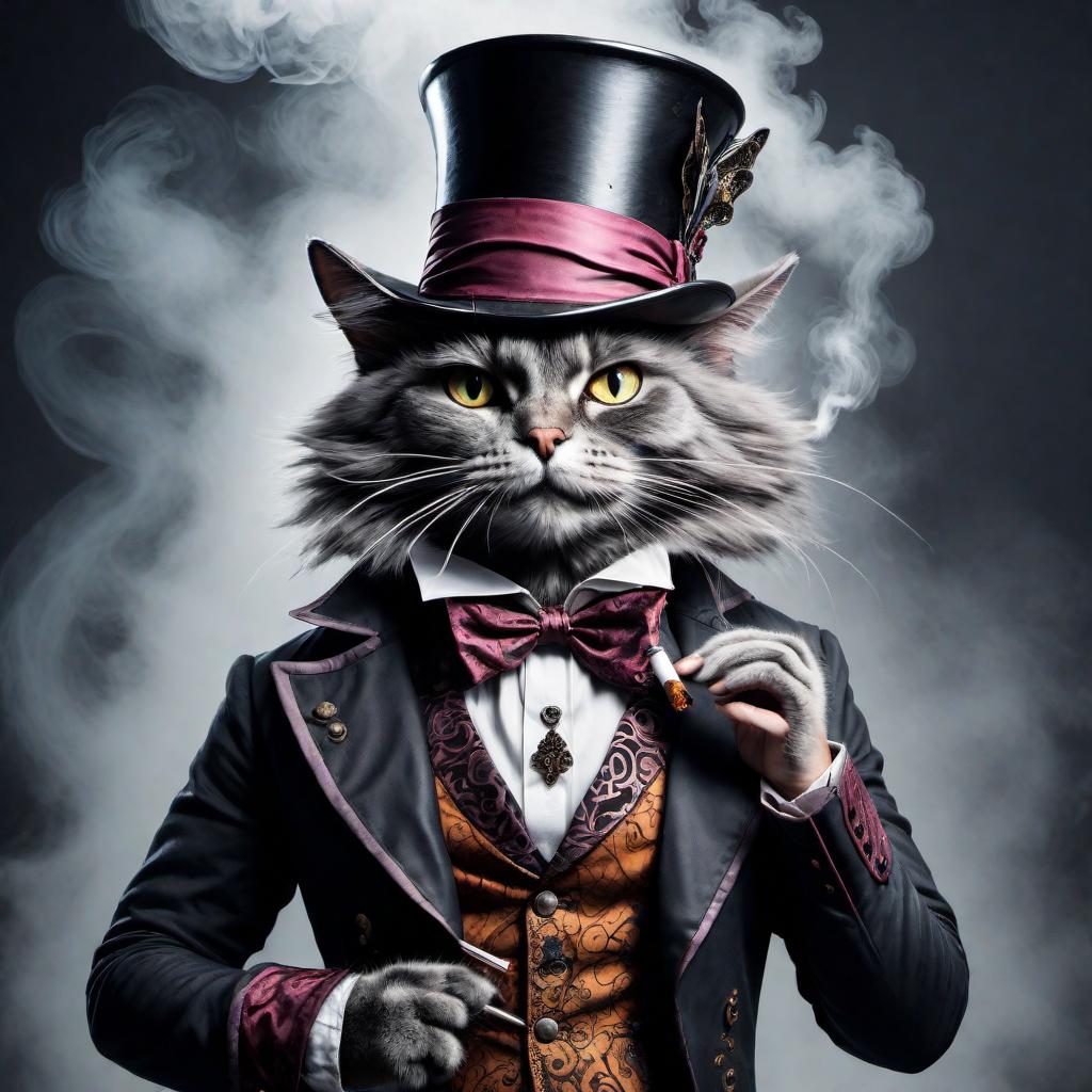  The Mad Hatter's cat smoking a cigarette, with an inky, surreal style. The background is whimsical and dark, filled with swirls and splatters of ink. The cat has a mischievous grin, wearing a small hat similar to the Mad Hatter's, and the cigarette smoke forms intricate patterns in the air. The overall image should be eccentric and artistic, with deep blacks and contrasting ink lines. hyperrealistic, full body, detailed clothing, highly detailed, cinematic lighting, stunningly beautiful, intricate, sharp focus, f/1. 8, 85mm, (centered image composition), (professionally color graded), ((bright soft diffused light)), volumetric fog, trending on instagram, trending on tumblr, HDR 4K, 8K