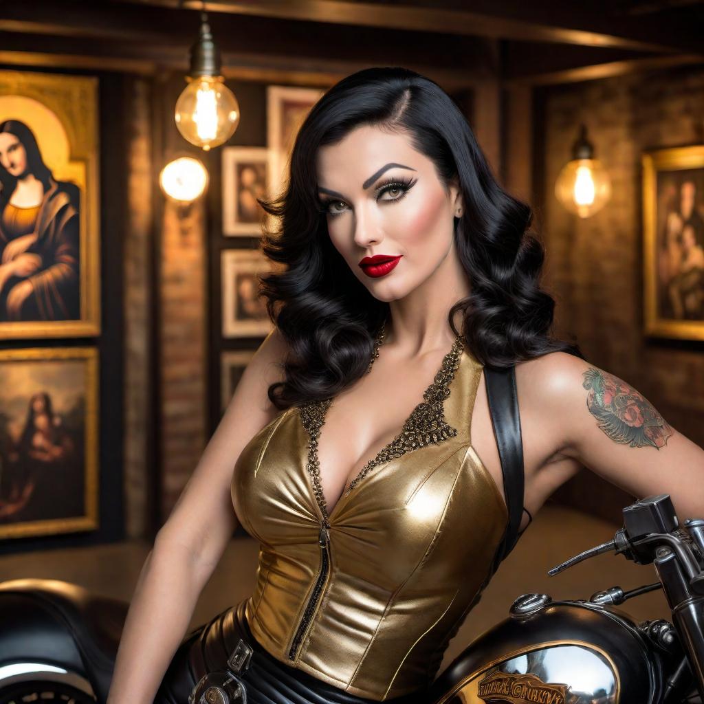  A burlesque dancer, reminiscent of Betty Page and Norma Jean, striking a pose on a Harley motorcycle. She has a snarl Mona Lisa smile on her face, with the motorcycle colored in black and gold. The background features a keyhole design. hyperrealistic, full body, detailed clothing, highly detailed, cinematic lighting, stunningly beautiful, intricate, sharp focus, f/1. 8, 85mm, (centered image composition), (professionally color graded), ((bright soft diffused light)), volumetric fog, trending on instagram, trending on tumblr, HDR 4K, 8K