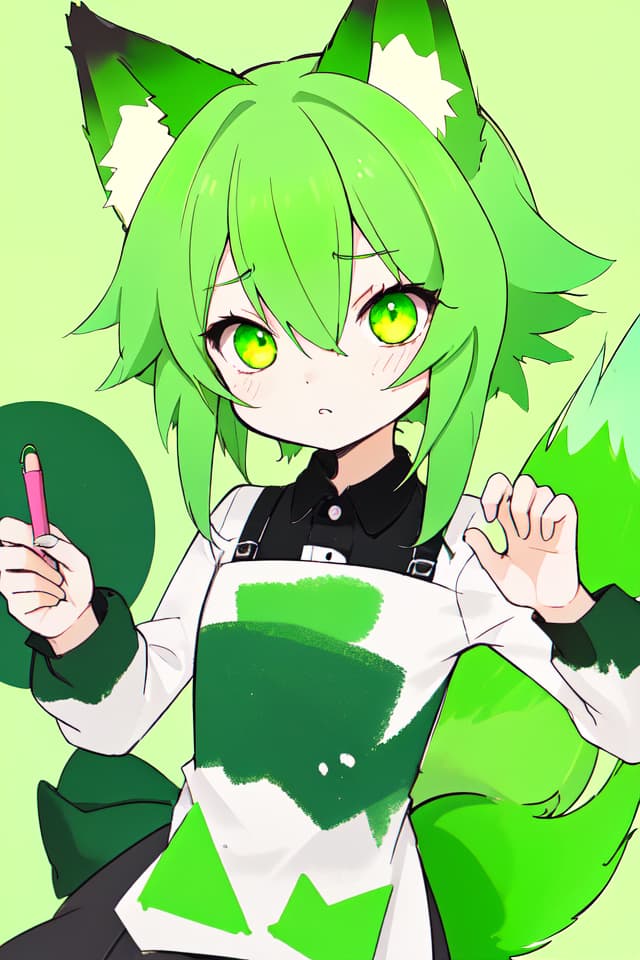  Green hair character of fox ear, crushed style with crayon