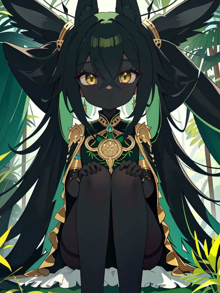  Black Anubis on a green hair character, sitting, masterpiece, best quality,8k,ultra detailed,high resolution,an extremely delicate and beautiful,hyper detail