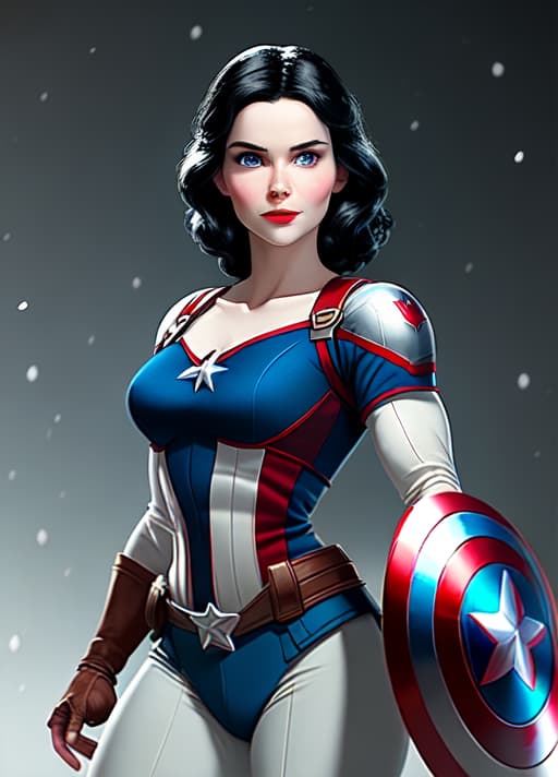  Create a photorealistic full-body image of Snow White, maintaining her original clothing, but altering her body frame to resemble Captain America's male physique. Ensure the transformation is seamless and realistic, blending Snow White's classic attire with the muscular build of Captain America. Capture the essence of both characters in a single cohesive image.