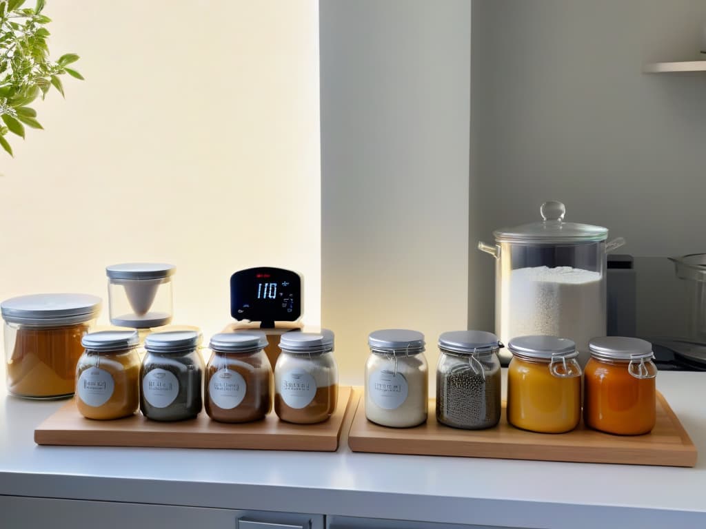  An ultradetailed image of a pristine white kitchen countertop, elegantly arranged with various glass jars filled with bubbling natural yeast starters, alongside a stack of vegan baking cookbooks and a sleek digital kitchen scale. The morning sunlight filters through a nearby window, casting a soft, warm glow on the scene, highlighting the intricate details of the tiny bubbles in the fermenting mixtures and creating a serene, inviting ambiance for the viewer. hyperrealistic, full body, detailed clothing, highly detailed, cinematic lighting, stunningly beautiful, intricate, sharp focus, f/1. 8, 85mm, (centered image composition), (professionally color graded), ((bright soft diffused light)), volumetric fog, trending on instagram, trending on tumblr, HDR 4K, 8K