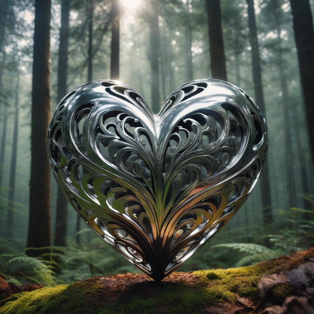  a heart made of metal, chrome plated on a forest background hyperrealistic, full body, detailed clothing, highly detailed, cinematic lighting, stunningly beautiful, intricate, sharp focus, f/1. 8, 85mm, (centered image composition), (professionally color graded), ((bright soft diffused light)), volumetric fog, trending on instagram, trending on tumblr, HDR 4K, 8K