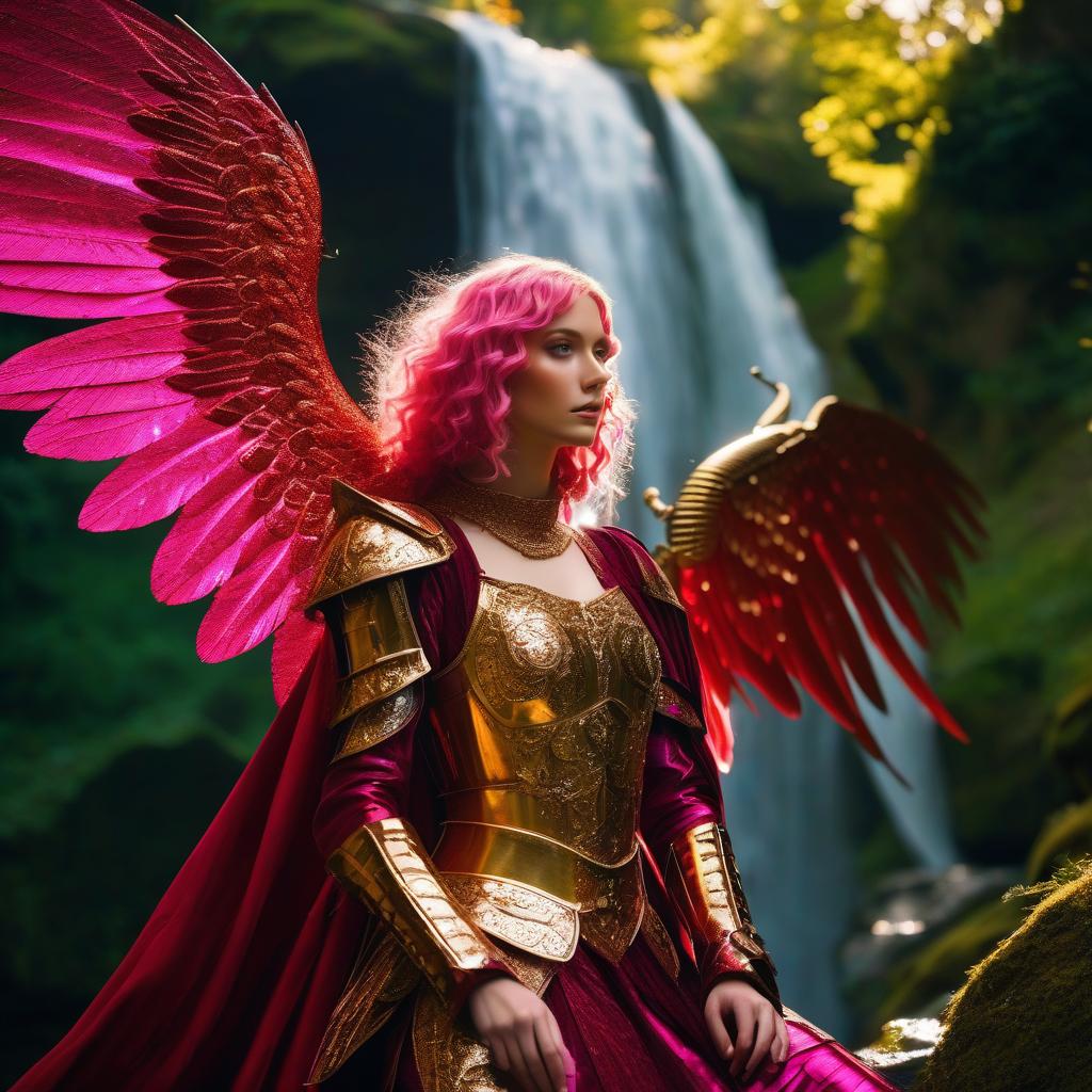  cinematic film still A very beautiful angel girl with two huge crimson wings, in full sparkling golden armor of the mid 15th century, as in the works of Konrad Witz, stands at the foot of the waterfall, leaning on a huge sword, full body, pink hair, shoulder length bob, modeling, dynamic pose, detailed face, detailed skin, beautiful detailed eyes, detailed lips, natural skin texture, red lipstick and manicure (dynamic pose: 0.3),a hyperrealistic full length photograph of a young, happy, sophisticated woman with modern visual effects and futuristic details. (masterpiece, high quality, texturing: 1.3), double exposure. A full length photo of a captivating gorgeous woman striking a pose on a busy street, capturing the essence of Rio Carniv hyperrealistic, full body, detailed clothing, highly detailed, cinematic lighting, stunningly beautiful, intricate, sharp focus, f/1. 8, 85mm, (centered image composition), (professionally color graded), ((bright soft diffused light)), volumetric fog, trending on instagram, trending on tumblr, HDR 4K, 8K