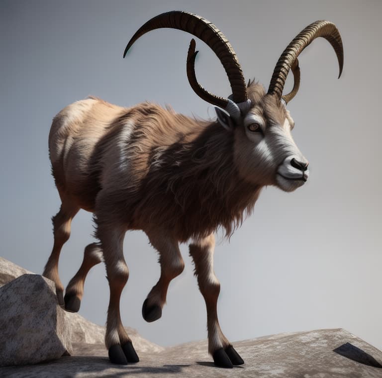  A 3d render image, 8k quality, of a markhor, mountain goat. With amazingly twisted horns.