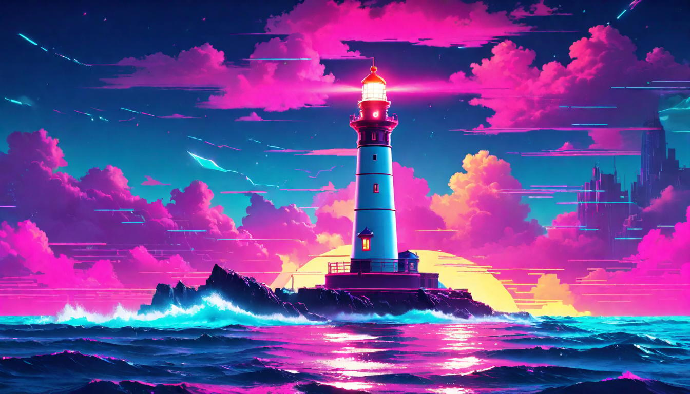  vaporwave,cyberpunk game style A lighthouse beacon in the night, symbolizing guidance and safety, sturdy structure against a tumultuous sea, beacon of hope, steadfasteon, dystopian, futuristic, digital, vibrant, detailed, high contrast, reminiscent of cyberpunk genre video games,retro aesthetic, cyberpunk, vibrant, neon colors, vintage 80s and 90s style, highly detailed