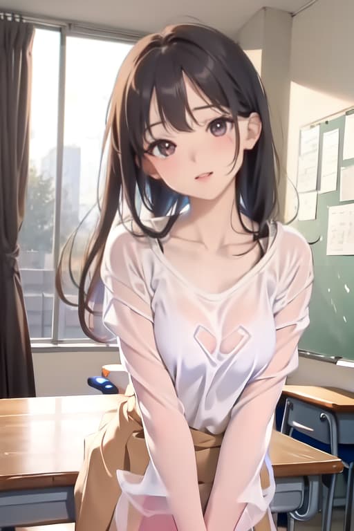  Masterpiece, 1girl, parted lips, blush, makeup, light smile, uniform, classroom, light rays, glow,, collarbone, narrow waist, (masterpiece), wallpaper, sheer shirt, uncensored,bent over table showing round