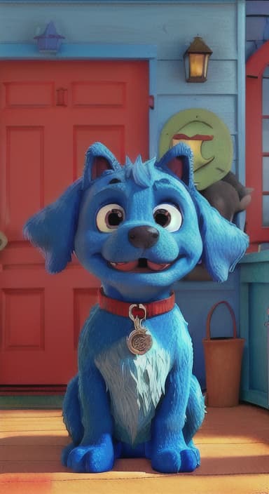  {Max the big blue dog standing in front of a cozy little house with a red door, The big blue dog is large with sky blue fur, big round eyes, a black nose, and floppy ears.