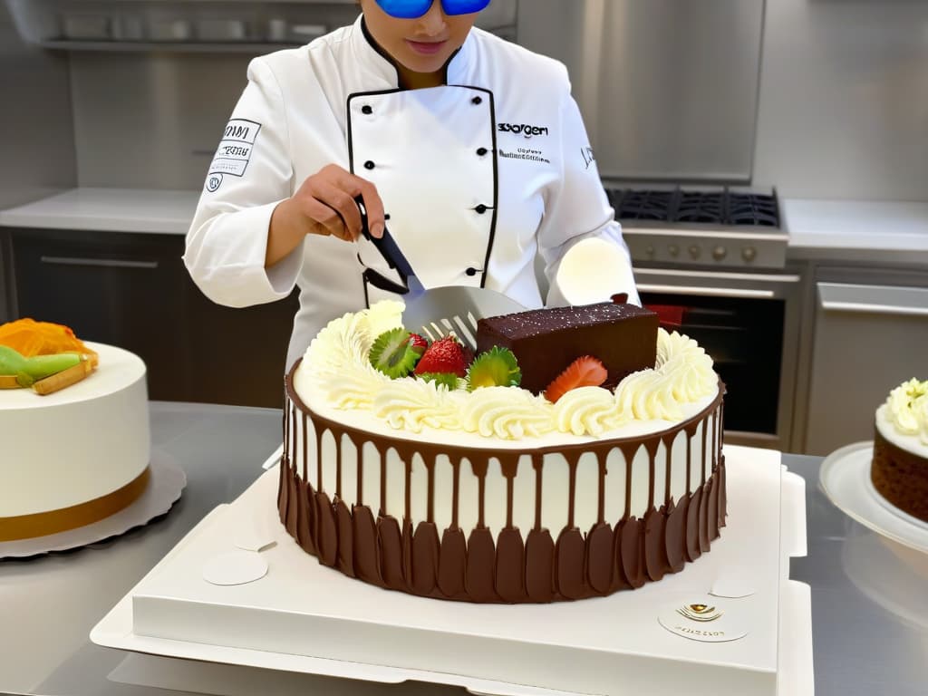  An image of a sleek, modern kitchen with a professionallooking chef wearing a white chef's jacket and using augmented reality glasses to decorate an intricately designed cake. The chef's hands are in motion, creating beautiful virtual designs that seamlessly overlay onto the real cake in front of them. The kitchen is spotless, with highend appliances in the background, emphasizing the fusion of technology and traditional culinary skills in innovative pastrymaking. hyperrealistic, full body, detailed clothing, highly detailed, cinematic lighting, stunningly beautiful, intricate, sharp focus, f/1. 8, 85mm, (centered image composition), (professionally color graded), ((bright soft diffused light)), volumetric fog, trending on instagram, trending on tumblr, HDR 4K, 8K