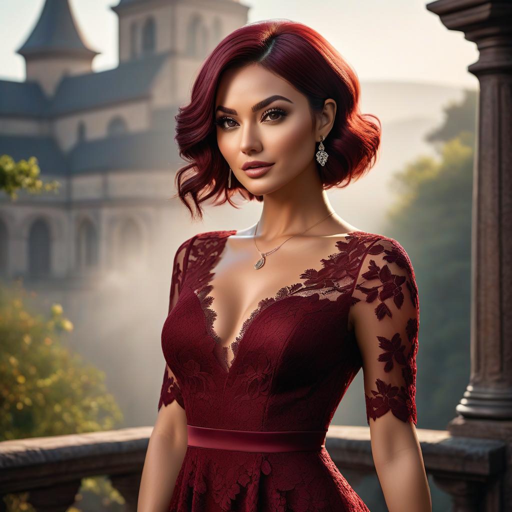  2d digital ilration of a , burgundy lace dress, ,bob hair, intricate, ultra detailing, cute face, art, ,digital painting, artstation, concept art, hyperrealistic, full body, detailed clothing, highly detailed, cinematic lighting, stunningly beautiful, intricate, sharp focus, f/1. 8, 85mm, (centered image composition), (professionally color graded), ((bright soft diffused light)), volumetric fog, trending on instagram, trending on tumblr, HDR 4K, 8K