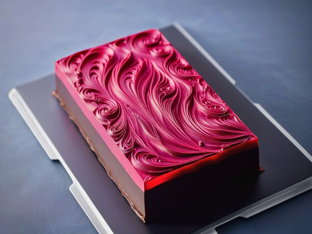  A closeup, highresolution image of a luxurious, shiny ruby chocolate bar, featuring intricate swirls and a glossy finish that highlights the unique pink hue of the chocolate. The light catches on the edges, creating a mesmerizing play of shadows and reflections, showcasing the elegance and sophistication of this innovative sweet treat. hyperrealistic, full body, detailed clothing, highly detailed, cinematic lighting, stunningly beautiful, intricate, sharp focus, f/1. 8, 85mm, (centered image composition), (professionally color graded), ((bright soft diffused light)), volumetric fog, trending on instagram, trending on tumblr, HDR 4K, 8K