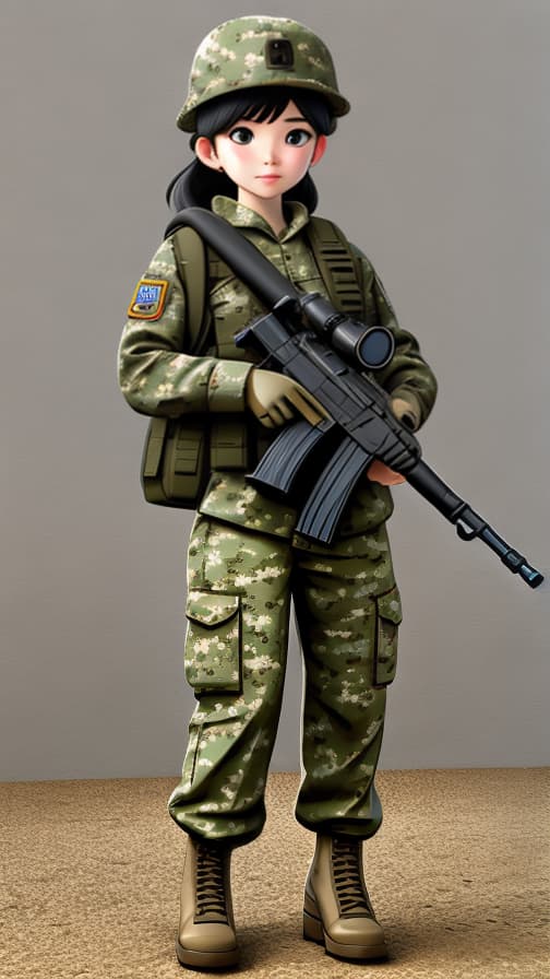  Camouflage clothing, full body triceps, military equipment, machine gun, girl, cute.