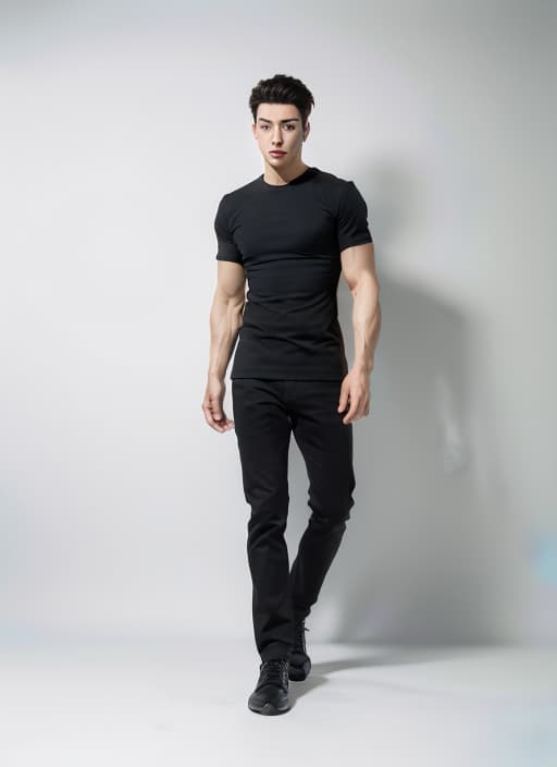  Male model in a black t shirt, front view, muscular build, natural lighting, minimal background, high resolution, photorealistic style, advanced detail processing style RAW,ADVERTISING PHOTO,high quality,masterpiece