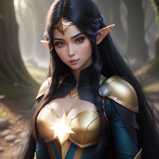  A superhero female elf, with long black hair who's caster of light golden magic. , hyperrealistic, high quality, highly detailed, perfect lighting, intricate, sharp focus, f/1. 8, 85mm, (centered image composition), (professionally color graded), ((bright soft diffused light)), trending on instagram, HDR 4K, 8K