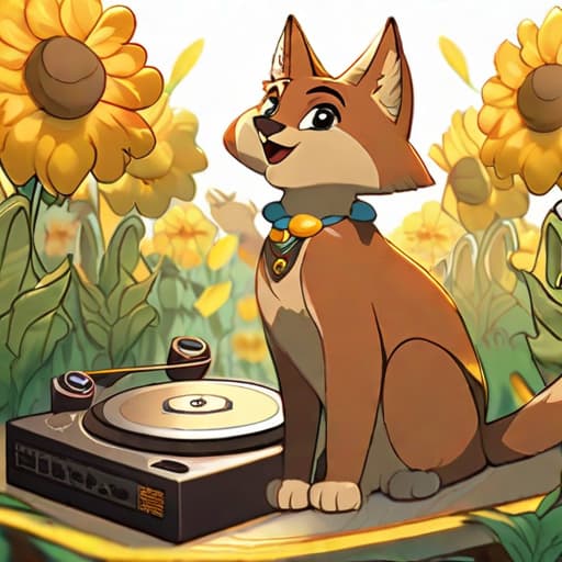  Japanese animation bobcat up close, male, in front of turntables and a microphone in a field of yellow flowers, best quality hyperrealistic, full body, detailed clothing, highly detailed, cinematic lighting, stunningly beautiful, intricate, sharp focus, f/1. 8, 85mm, (centered image composition), (professionally color graded), ((bright soft diffused light)), volumetric fog, trending on instagram, trending on tumblr, HDR 4K, 8K