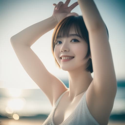  (8k, RAW photo, best quality, masterpiece:1.2), (realistic, photo-realistic:1.4), (extremely detailed 8k wallpaper), sharp focus, depth of field, blur background, bokeh,  cinematic lighting, soft light, upper body, cute japanese idol arms up on the beach.short hair, (white plain : 1.5), smile, 