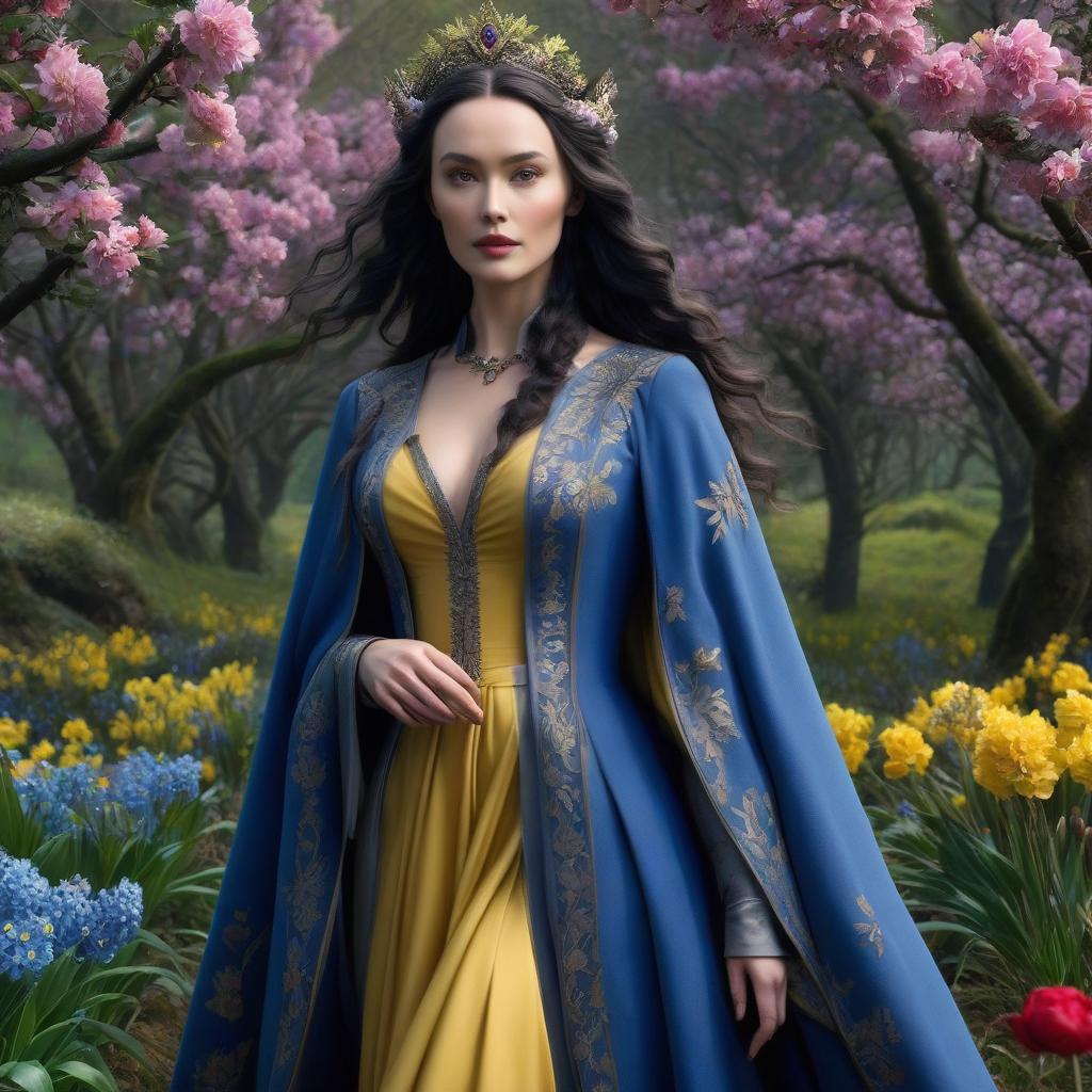  Luthien Tinuviel. A very pretty girl. Forest, silver crown on her forehead, blue coat. ((Sparkling rim)): spring field, hyacinths, roses, rosehips, rose hips, peonies, cherry tree, yellow, red, black flowers, forget me nots. hyperrealistic, full body, detailed clothing, highly detailed, cinematic lighting, stunningly beautiful, intricate, sharp focus, f/1. 8, 85mm, (centered image composition), (professionally color graded), ((bright soft diffused light)), volumetric fog, trending on instagram, trending on tumblr, HDR 4K, 8K