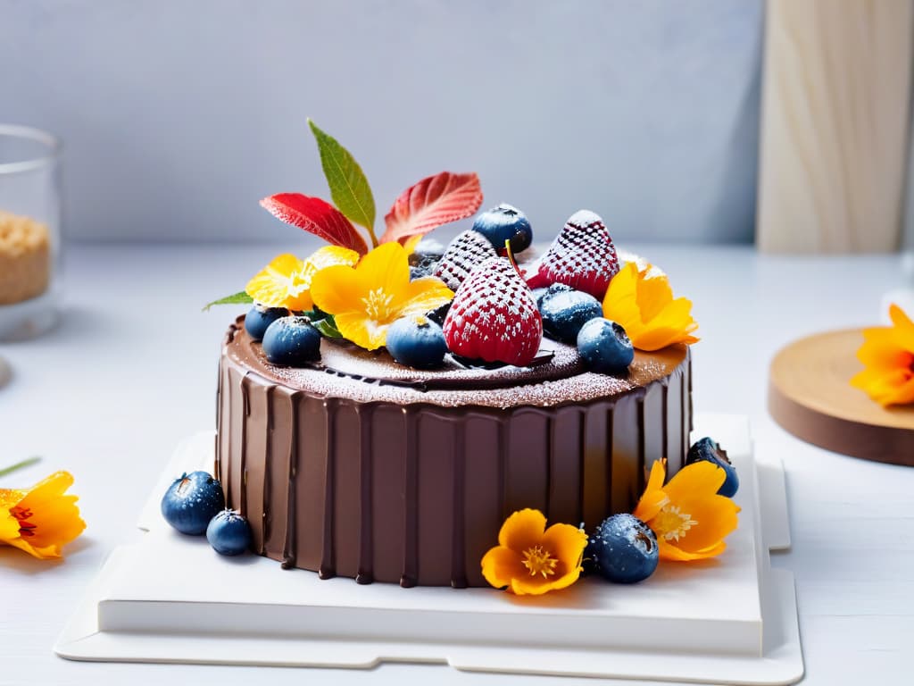  An intricately designed threetiered vegan organic chocolate cake adorned with fresh berries and edible flowers, elegantly displayed on a sleek, white marble cake stand against a soft, blurred background of a modern kitchen. hyperrealistic, full body, detailed clothing, highly detailed, cinematic lighting, stunningly beautiful, intricate, sharp focus, f/1. 8, 85mm, (centered image composition), (professionally color graded), ((bright soft diffused light)), volumetric fog, trending on instagram, trending on tumblr, HDR 4K, 8K