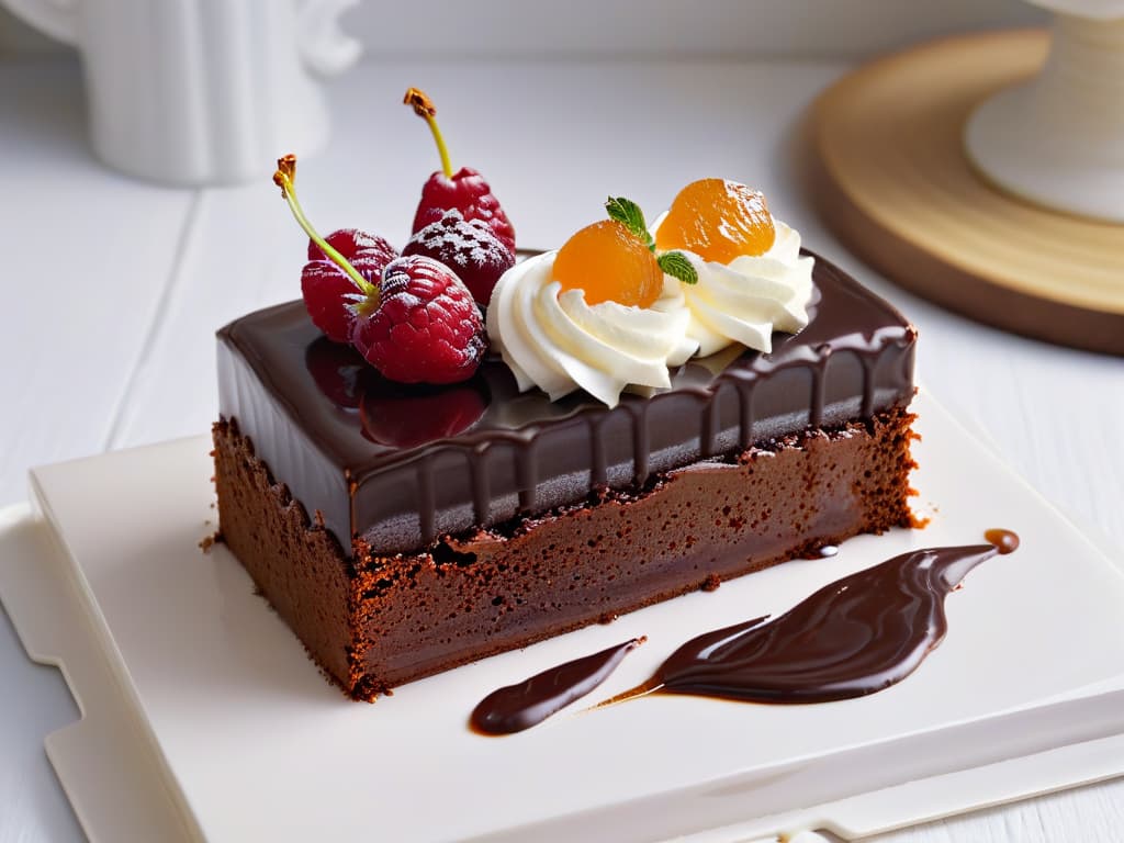  A highresolution, ultradetailed photograph of a slice of Sacher Torte placed on a white porcelain plate, showcasing the intricate layers of rich chocolate cake, apricot jam, and dark chocolate glaze. The cake slice is garnished with a dollop of fresh whipped cream and a single vibrant red raspberry on top, set against a soft, blurred background to emphasize the dessert's elegance and simplicity. hyperrealistic, full body, detailed clothing, highly detailed, cinematic lighting, stunningly beautiful, intricate, sharp focus, f/1. 8, 85mm, (centered image composition), (professionally color graded), ((bright soft diffused light)), volumetric fog, trending on instagram, trending on tumblr, HDR 4K, 8K