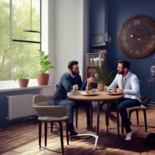 redshift style guys having breakfast with a clock on the wall at 7 o'clock Cinematic hyperrealistic, full body, detailed clothing, highly detailed, cinematic lighting, stunningly beautiful, intricate, sharp focus, f/1. 8, 85mm, (centered image composition), (professionally color graded), ((bright soft diffused light)), volumetric fog, trending on instagram, trending on tumblr, HDR 4K, 8K